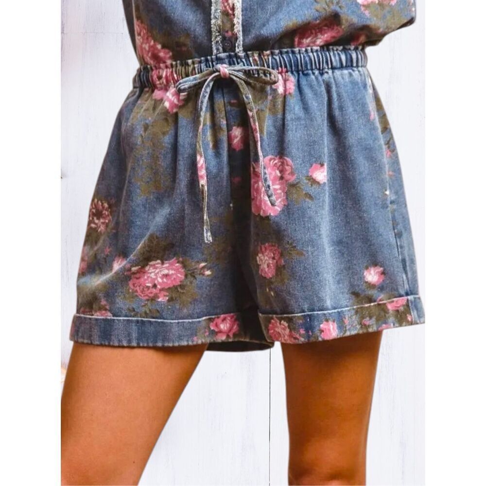 BiBi Floral Denim Short High Rise Drawstring Pink Rose Print Relaxed Fit Pockets
